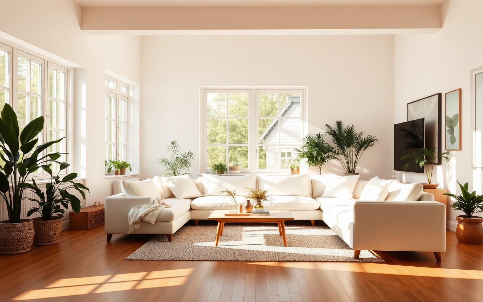 A sunlit, freshly cleaned living room with white sofa and natural wood floors